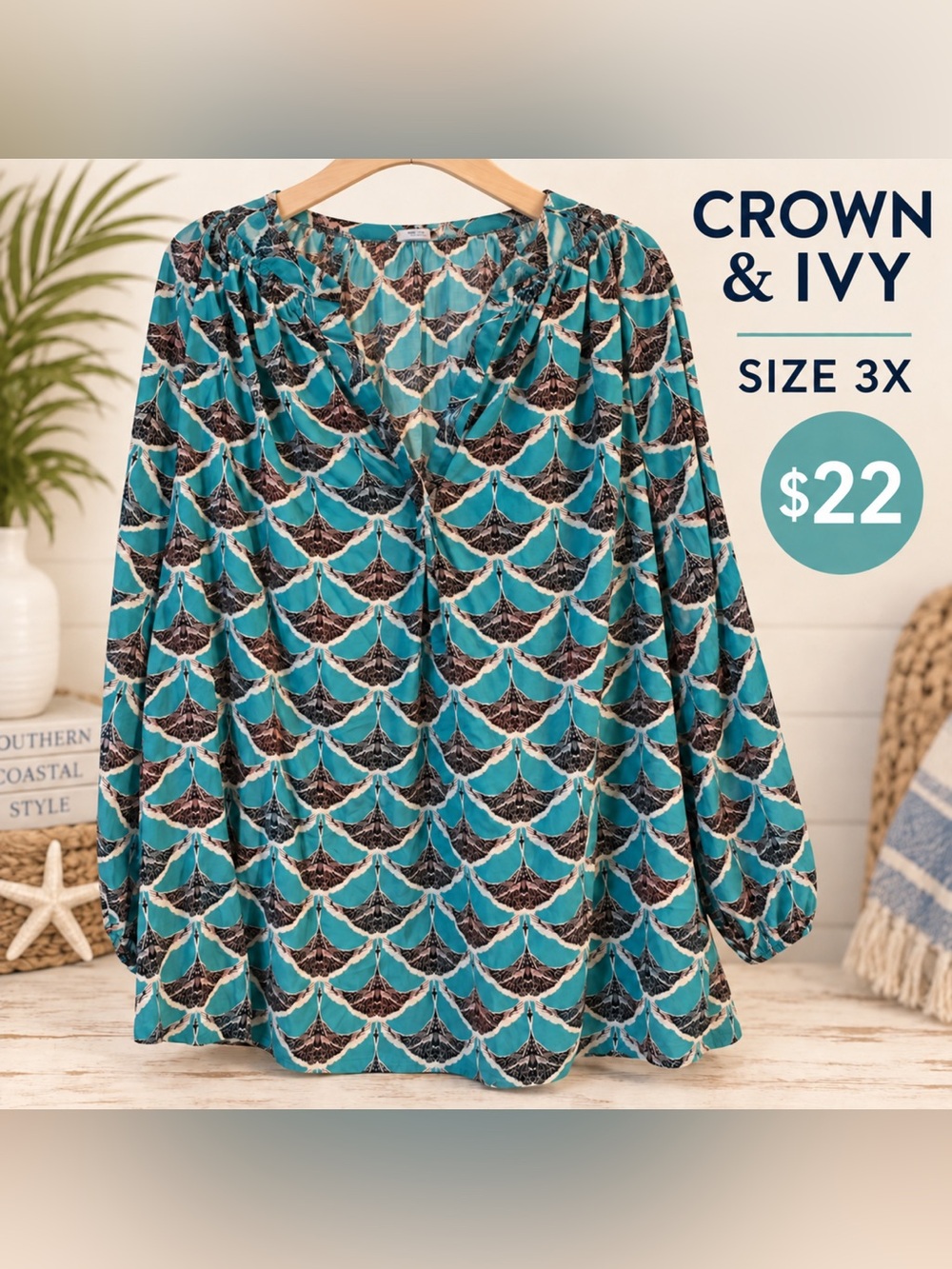 Crown & Ivy 3X Aqua Bird Print Boho Tunic Blouse
